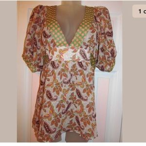 FEI ANTHROPOLOGIE paisley butterfly bohoV neck top